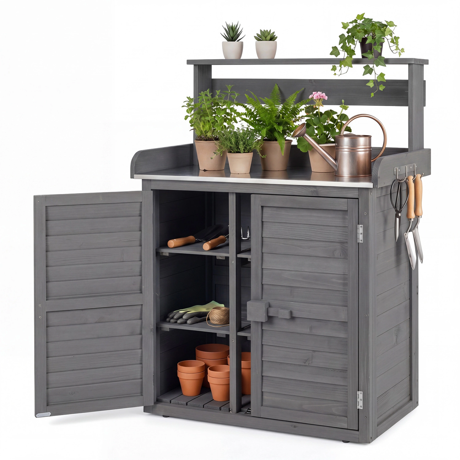 LJG Wood Plant Workstation with Stainless Steel Tabletop and Removable Shelves