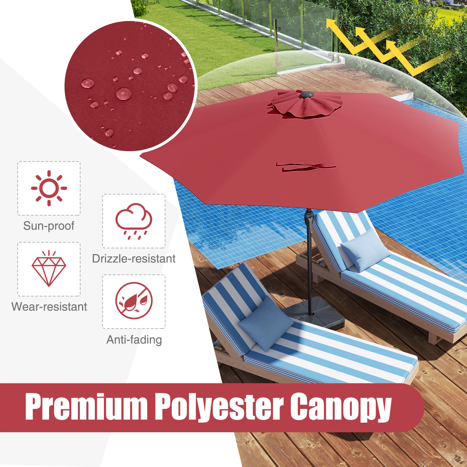 SUGIFT 8.5-ft Red Market Patio Umbrella with Crank, 8 Ribs and Vented Top