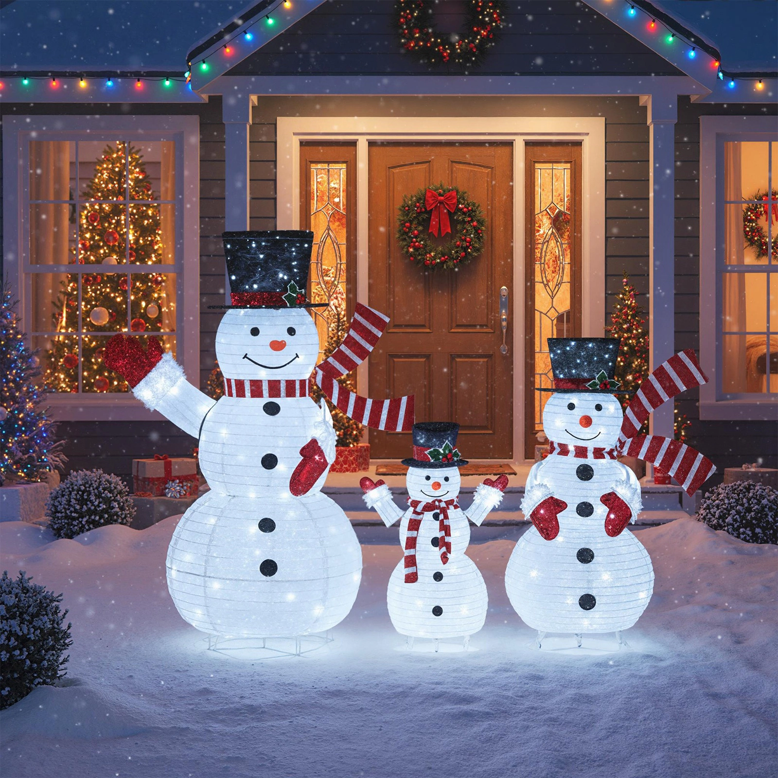 SUGIFT 3-Piece Pre-Lit 3D Snowman Family Set with 270 LED Lights Top Hats Scarves and Ground Stakes