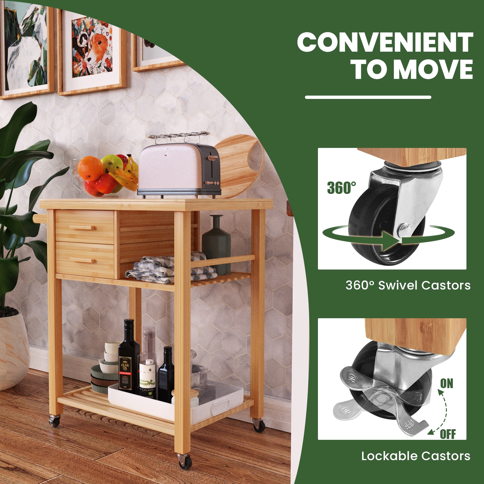 SUGIFT Natural Bamboo Kitchen Cart Trolley with Tower Rack Drawers and Casters 29-in W 21.5-in D 35.5-in H