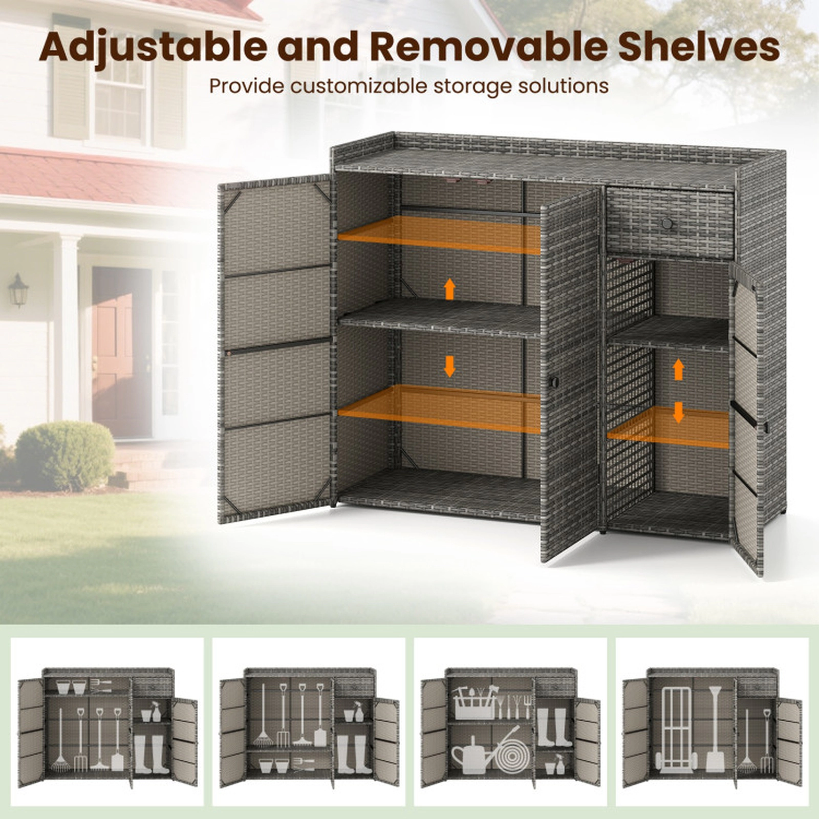SUGIFT 3-Door PE Wicker Adjustable Shelves Outdoor Deck Storage Cabinet 48-in x 17-in x 40-in 110-lb Countertop Gray