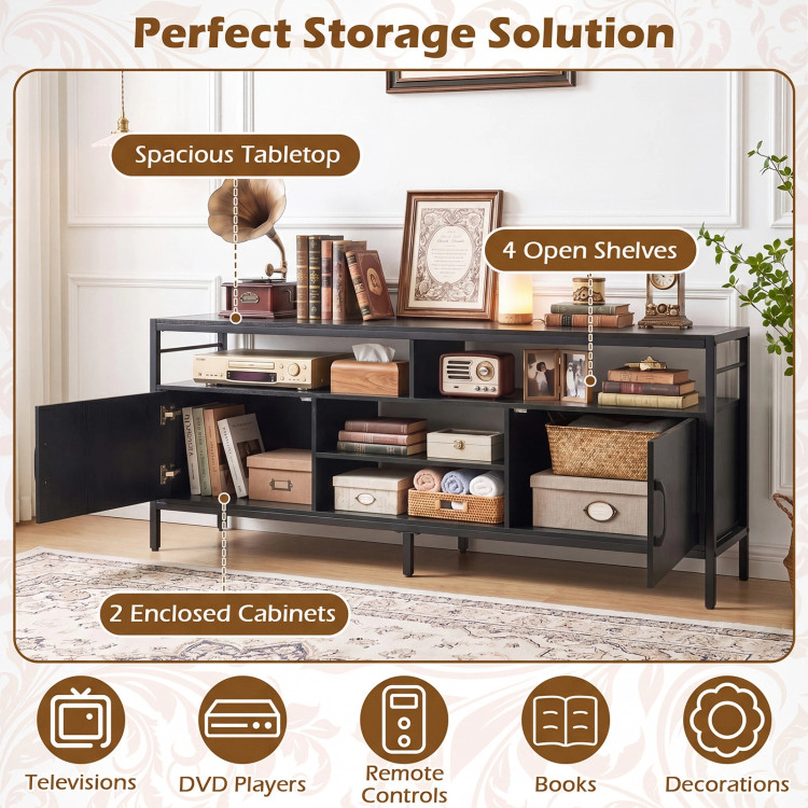 SUGIFT 58-in Industrial TV Stand with Cabinets and Adjustable Shelf 310-lb Capacity for TVs up to 65 in Black
