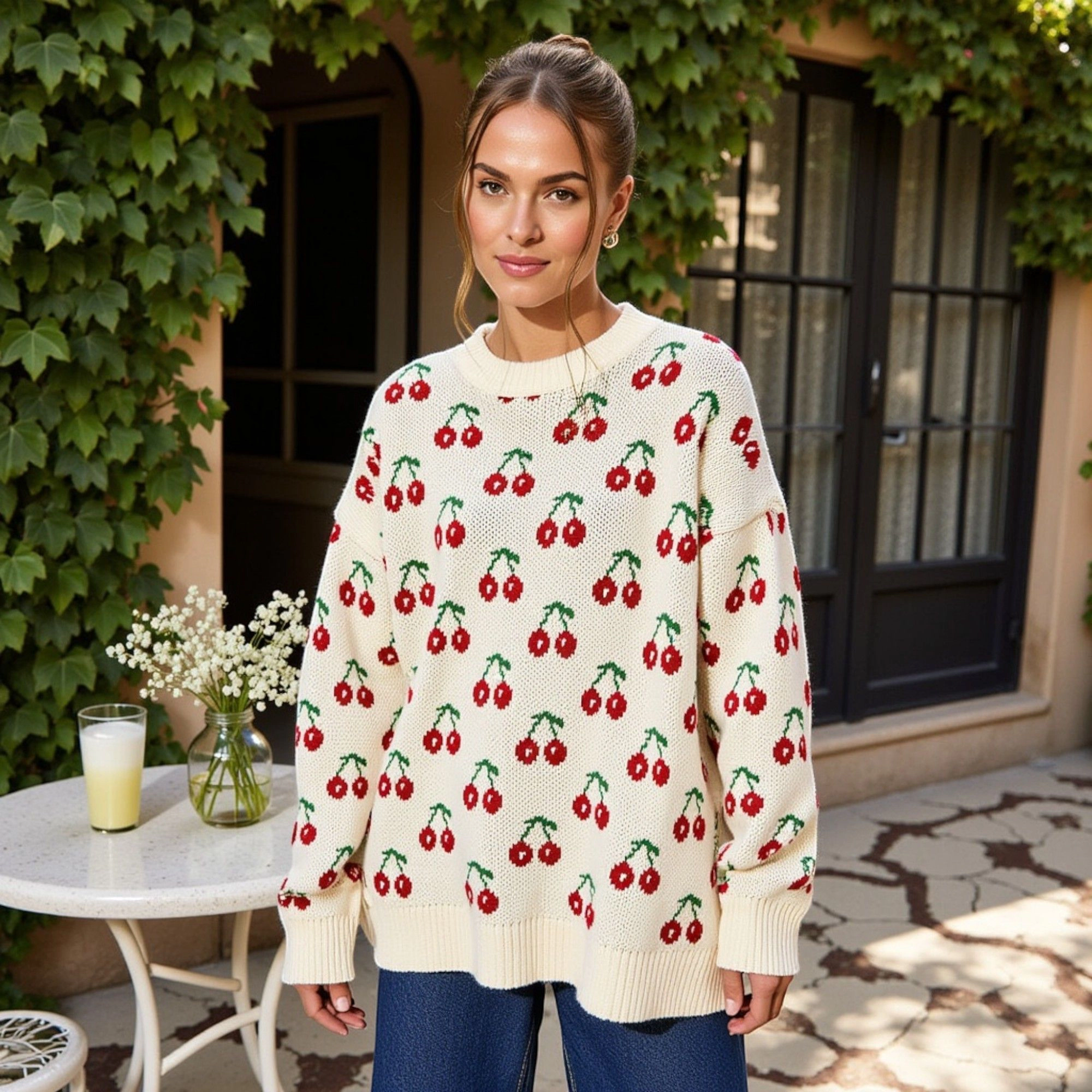 Anna-Kaci Women's Cherry Pattern Crew Neck Long Sleeve Pullover Knit Sweater
