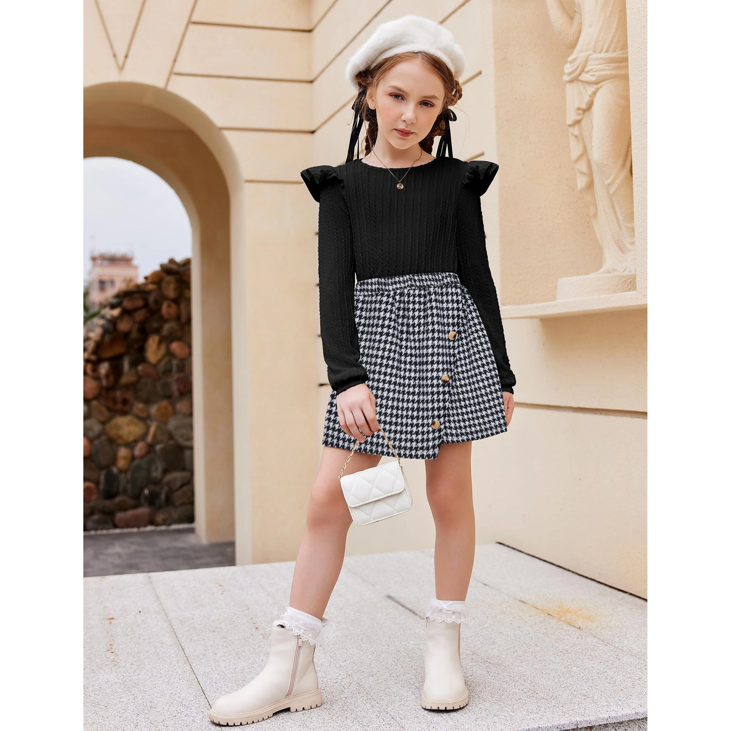 Arshiner Girls Skirt Outfits Ruffle Sleeve Shirt And Fall Clothing Set For Daily Wear