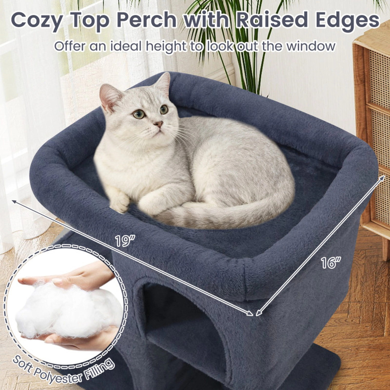 SUGIFT Dark Gray Space-Saving Cat Tower with 19 in Upholstered Perch and 2 Condos
