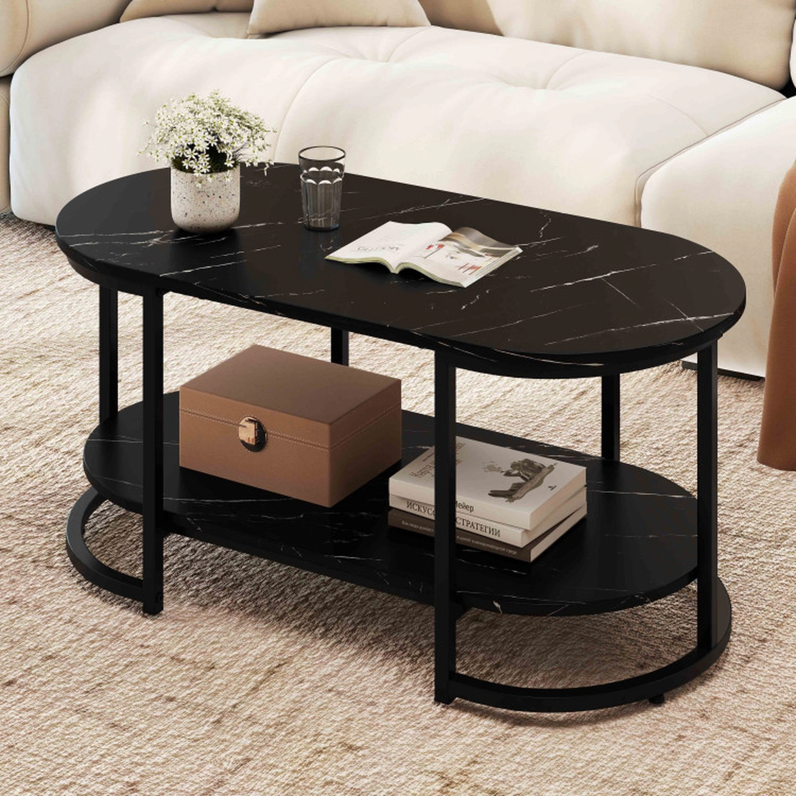 SUGIFT Oval Faux Marble Top 2-Tier Open Storage Coffee Table 39.5-in x 19.5-in x 18-in 88-lb per Shelf Black