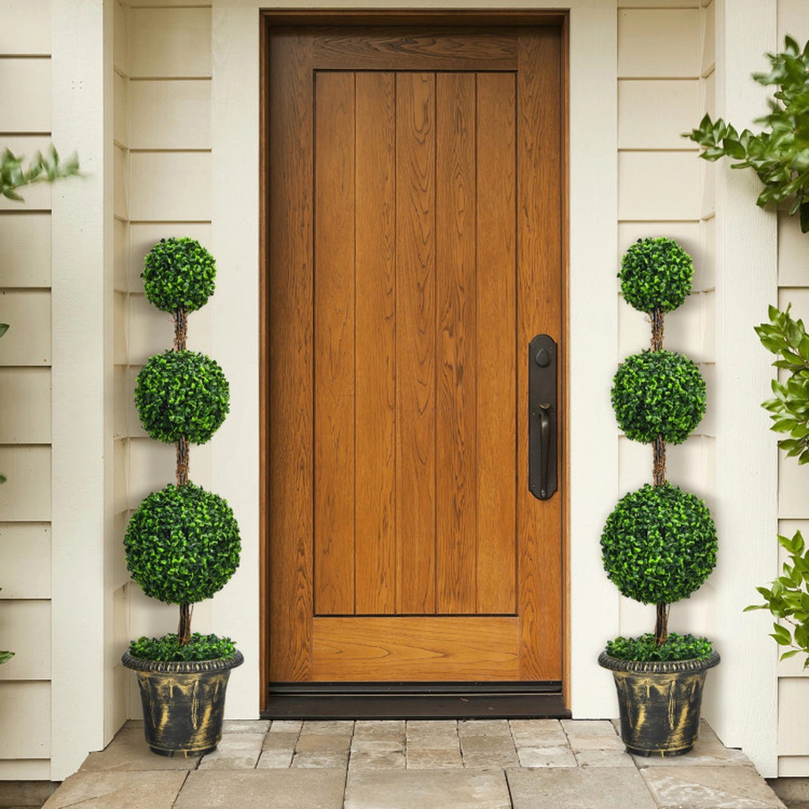 SUGIFT 4-Ft Artificial Topiary Triple Ball Tree Plant 48-in Tall with PE Leaves and Wood Rattan Trunk Green