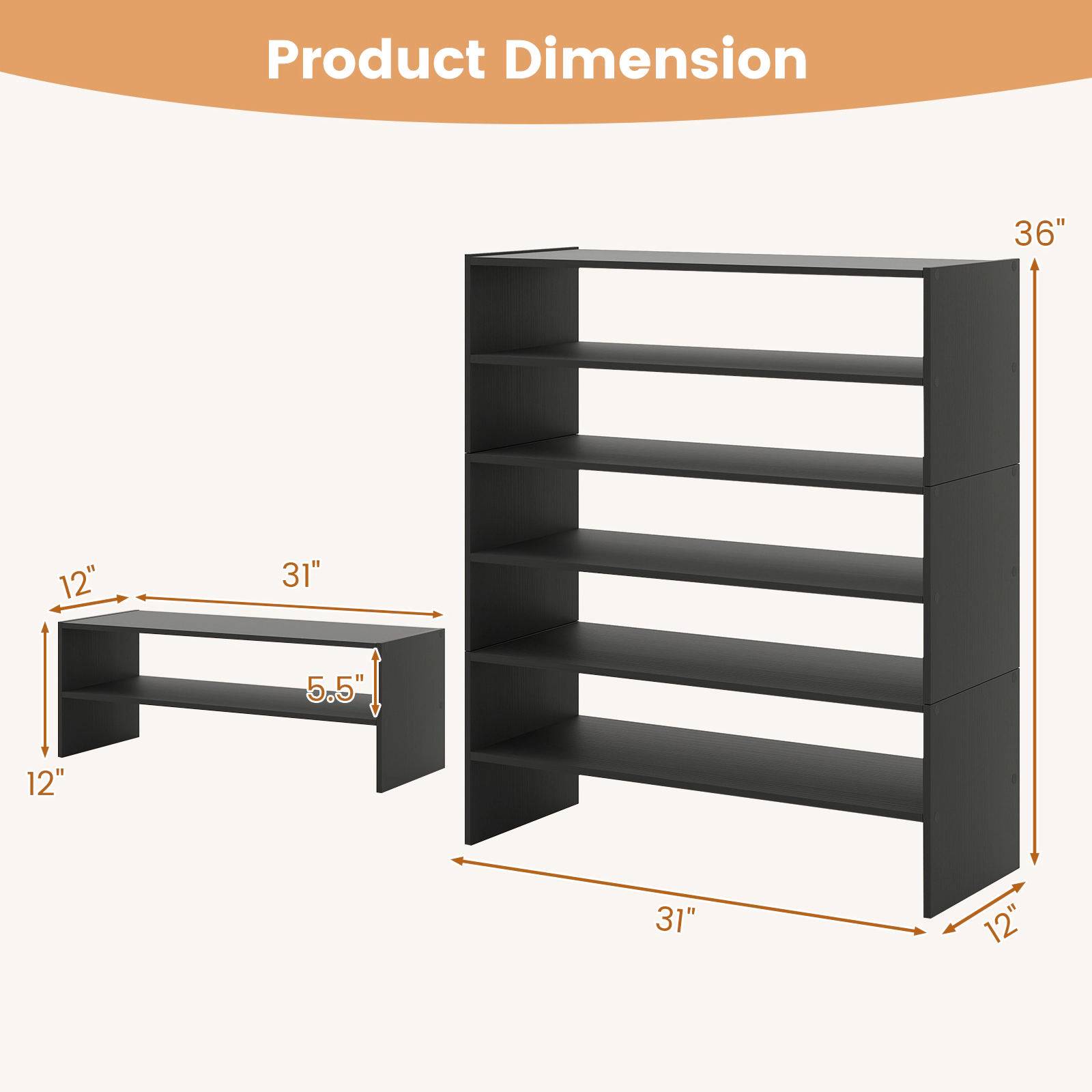 SUGIFT 6-Tier Black 31-in Wide Stackable Modular Shoe Rack Organizer with Anti-Tip Kit for Entryway