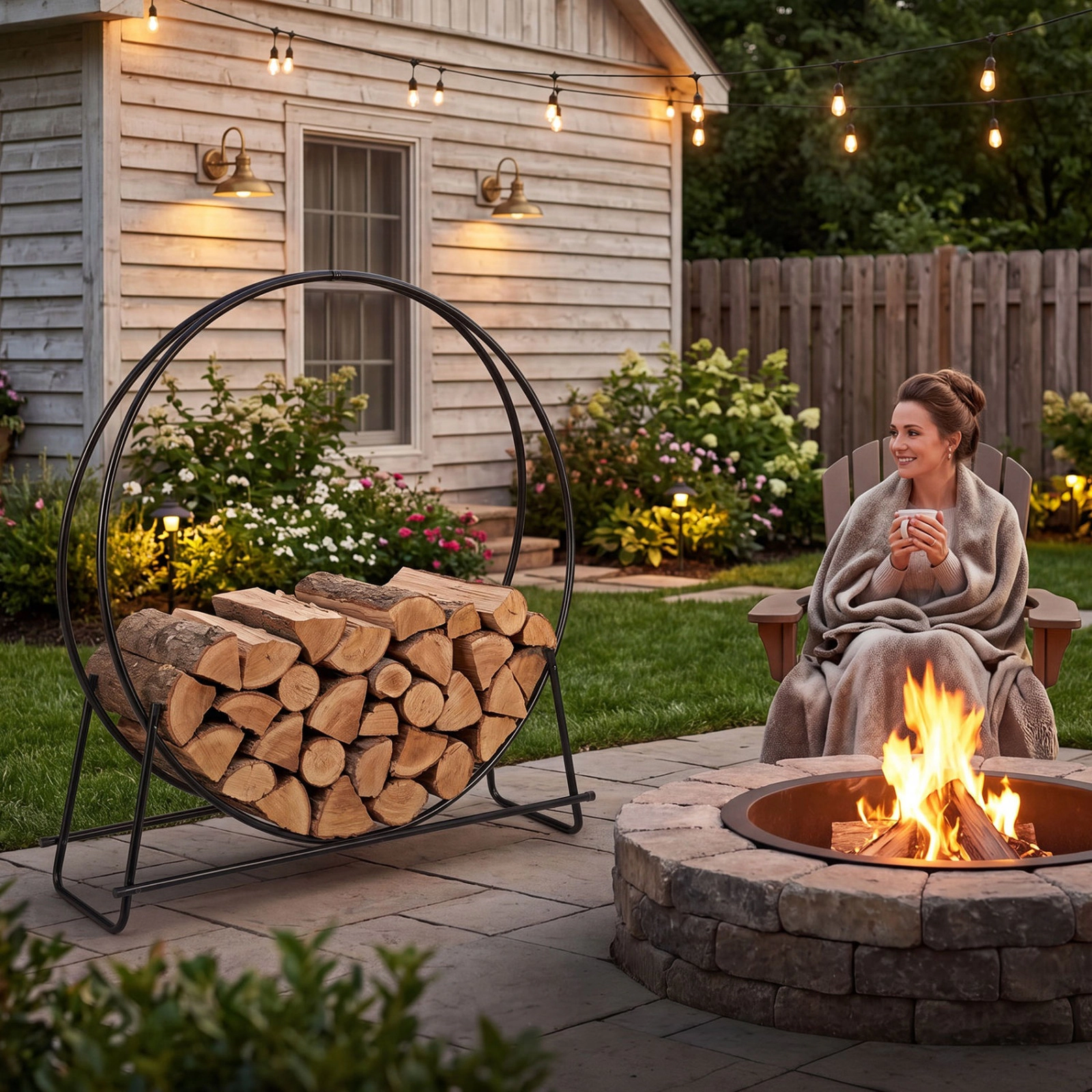 SUGIFT A-Frame Round Metal Firewood Rack 485-lb Capacity 45-in Diameter 4.5-in Elevated Base Black