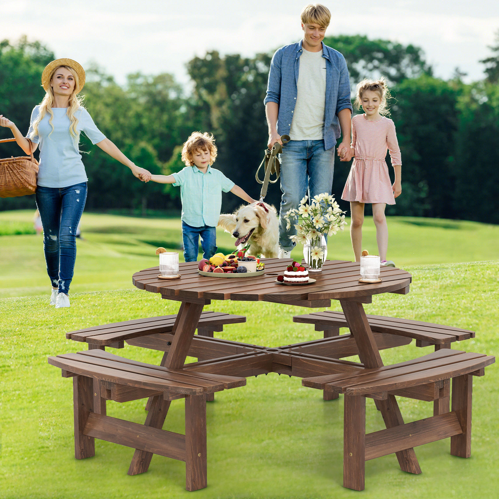 SUGIFT Brown Fir Wood Benches for Patio and Camping 8-Person Round Picnic Table Set
