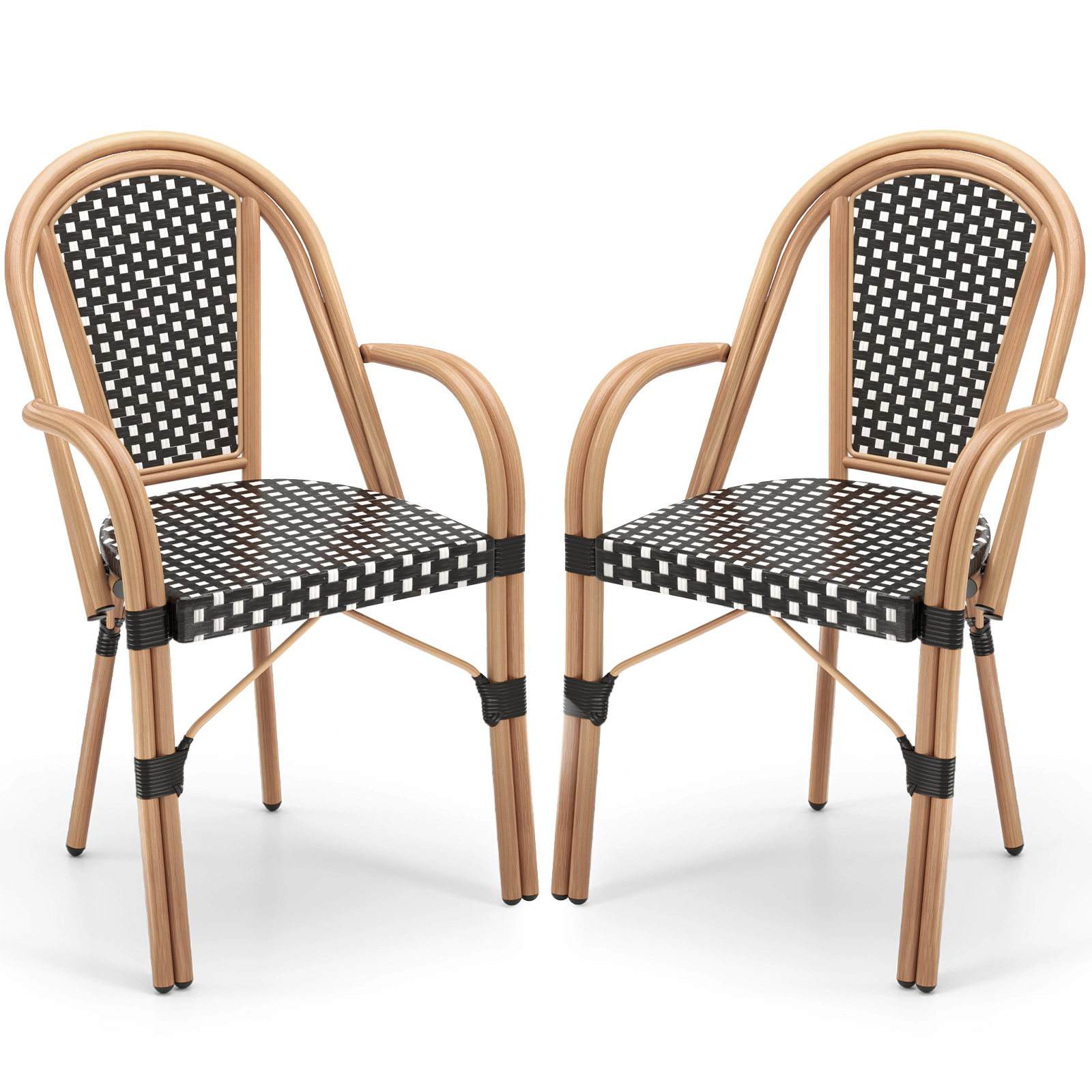 SUGIFT Hand-Woven PE Wicker Outdoor French Bistro Dining Chairs Set of 2 400-lb Capacity Black and White