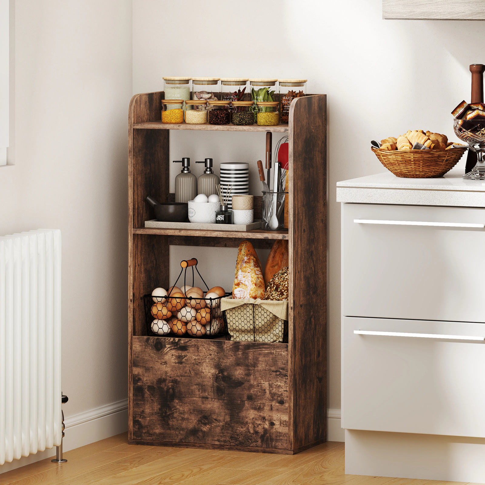 SUGIFT Rustic Brown Freestanding Bookshelf with 3-Tier Open Shelf and Pull-Out Drawer