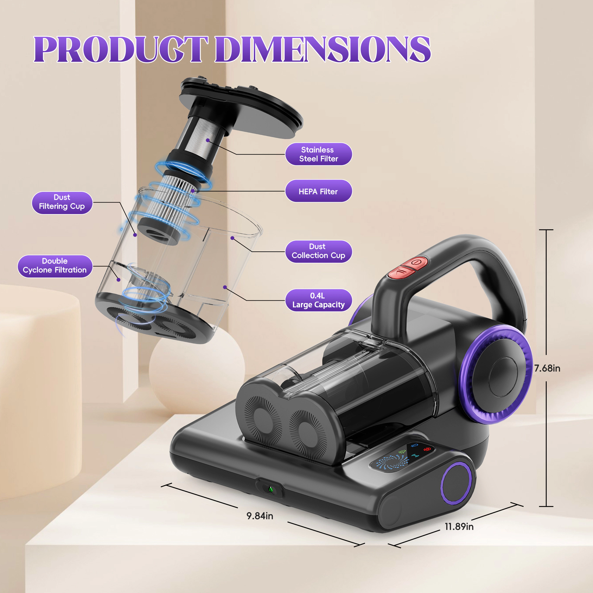 WHALL - 4-in-1 UV Mattress Vacuum Cleaner, 21KPa Anti-Mite Bed Vacuum with Hot Air & LED Display