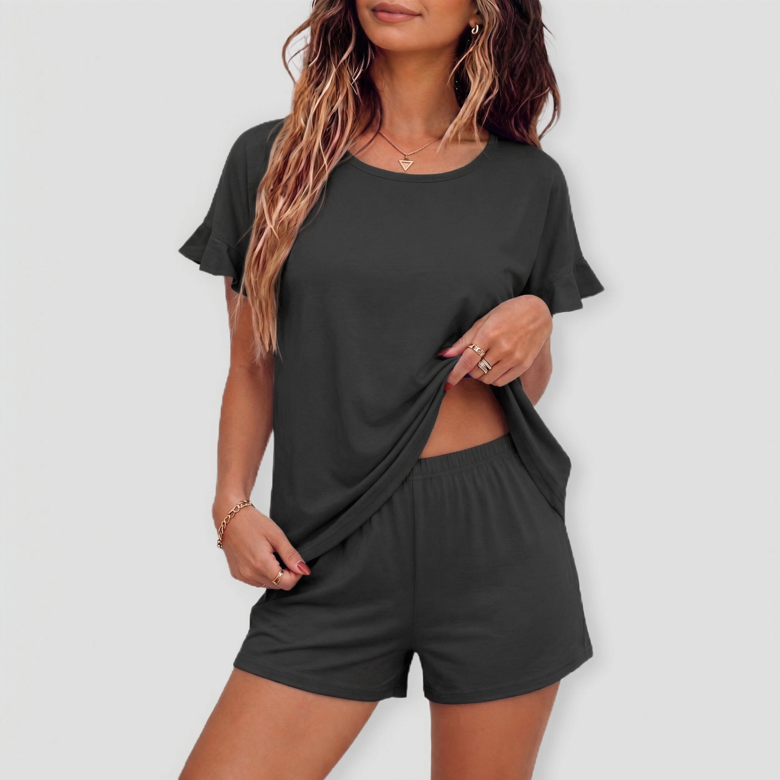Ekouaer Womens Cotton Pajamas Set Ruffle Sleeves Top and Short Soft Sleepwear Two Piece Lounge