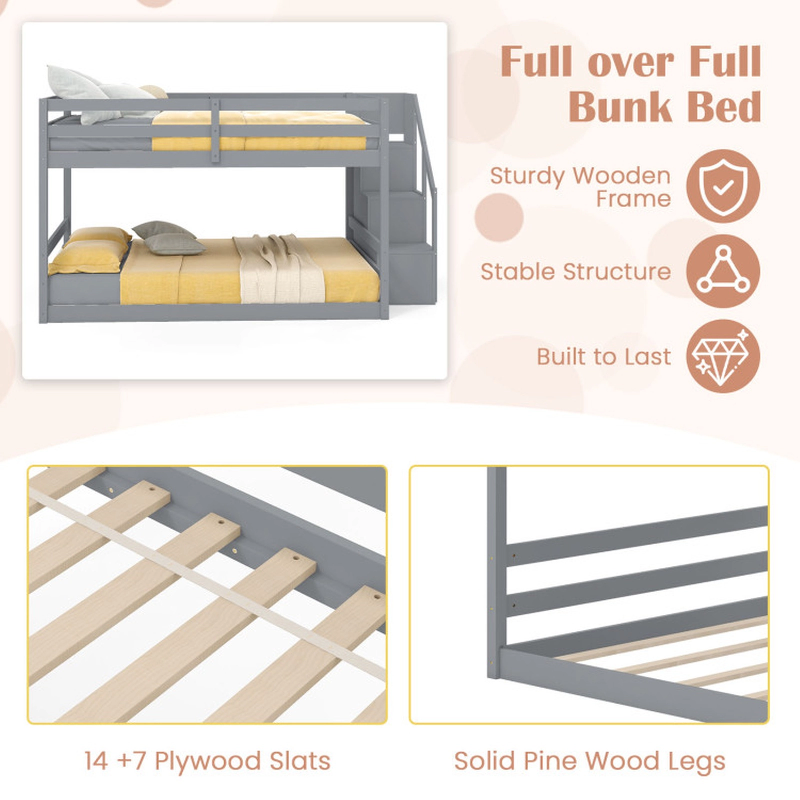 SUGIFT Kids Full Over Full Storage Stairs Solid Wood Low Bunk Bed 94.5-in x 56.5-in x 50.5-in 250-lb Capacity Gray