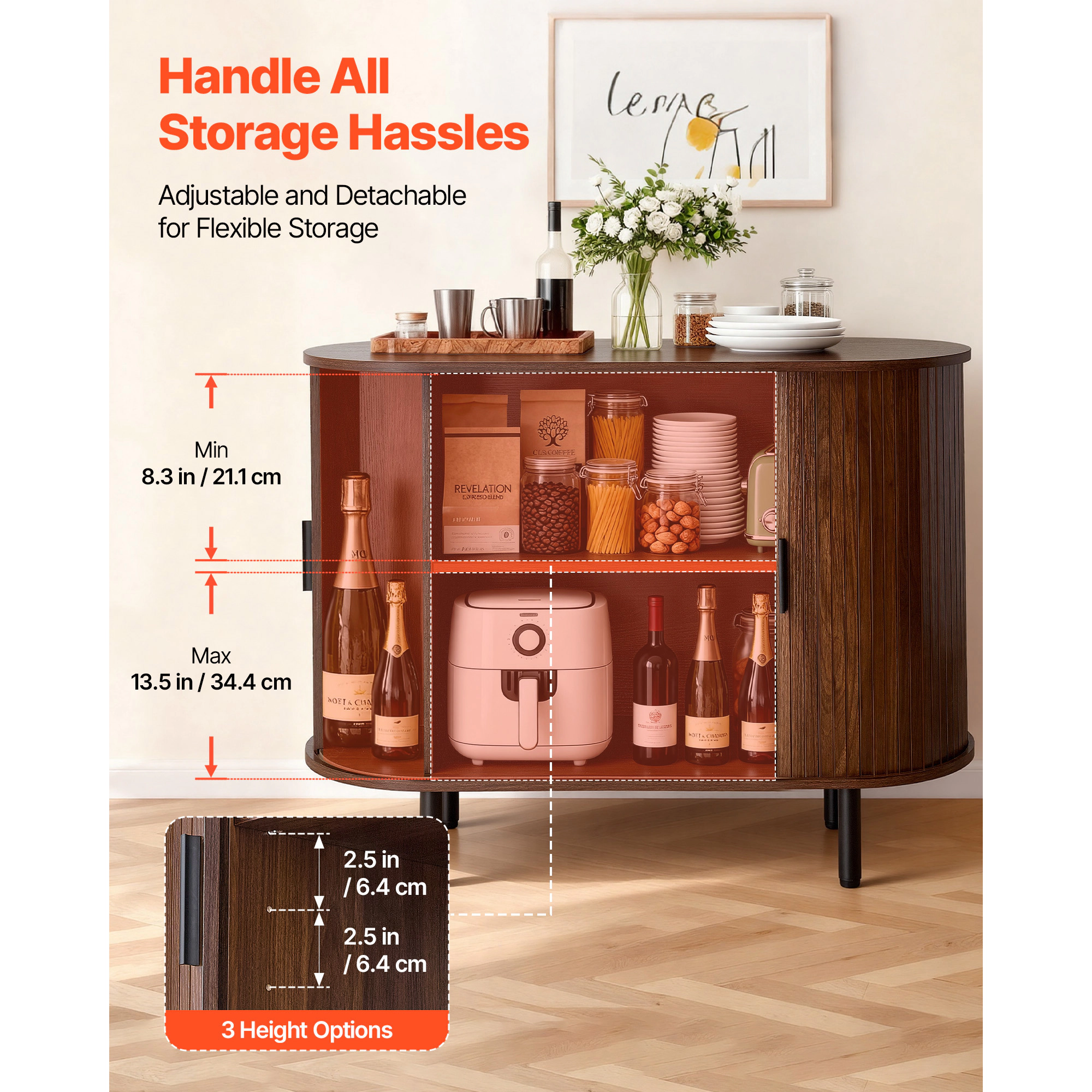 HONGGE Coffee Bar Cabinet Mid Century Fluted Coffee Bar Table Buffet Stand Cabinet with 2 Sliding Doors Sideboard