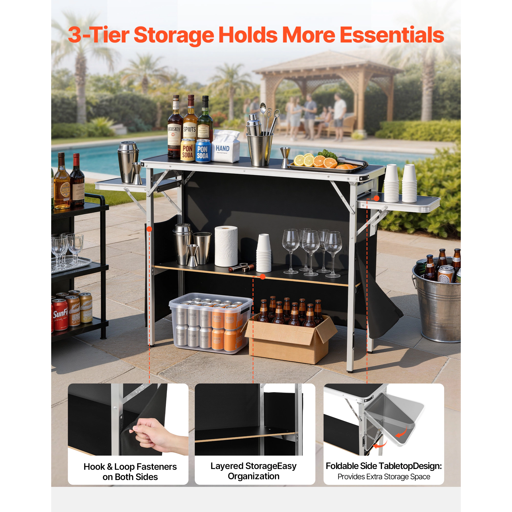 HONGGE Folding Portable Bar Table with Carry Bag Storage Shelf and Detachable Skirt Quick and Easy Setup Foldable