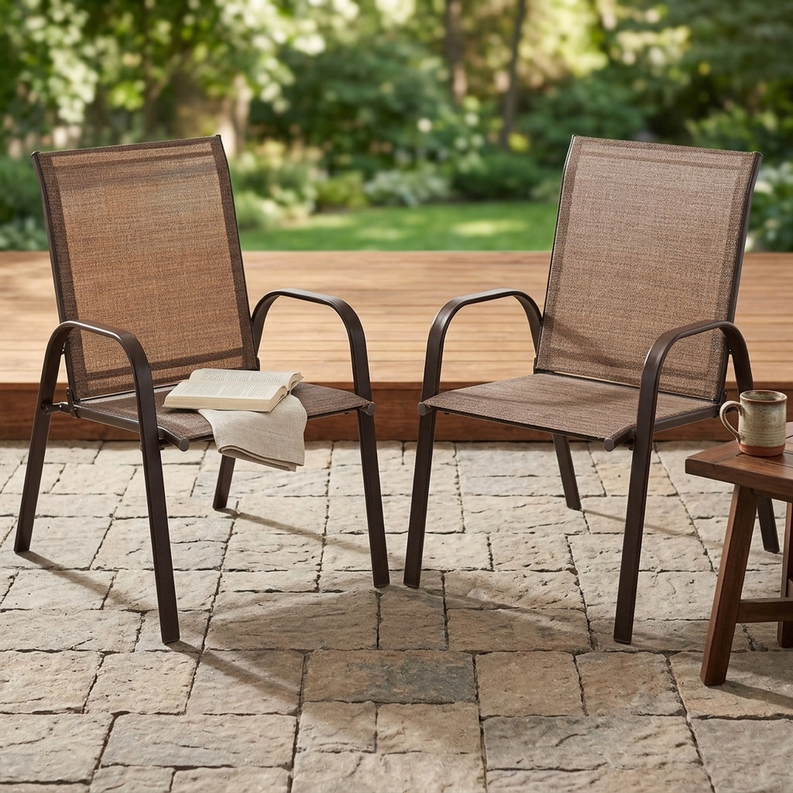 SUGIFT Set of 2 Brown Patio Dining Chairs, Breathable Fabric, Steel Frame