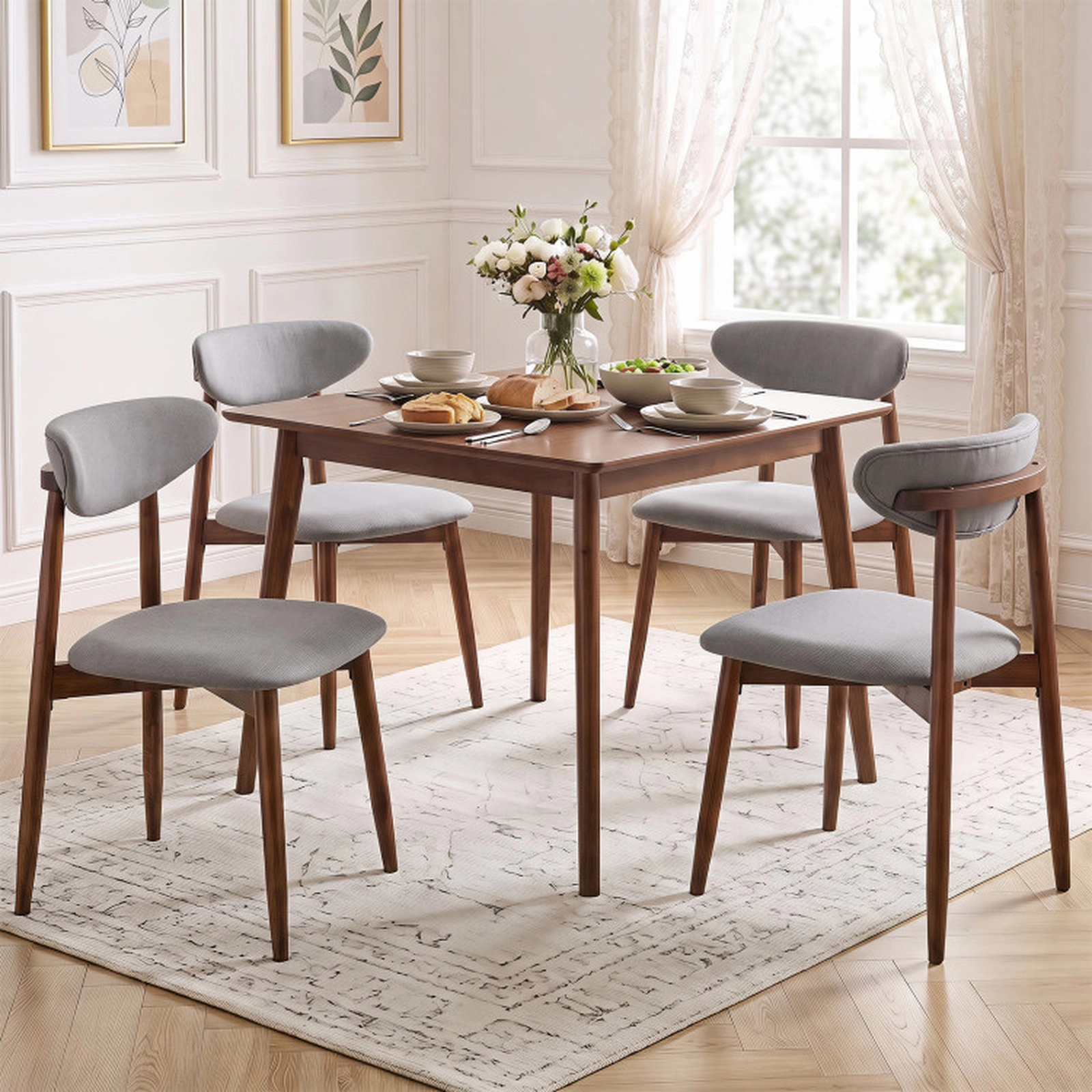 SUGIFT Gray Fabric Upholstered Curved Backs and Wood Legs Set of 4 Dining Chairs
