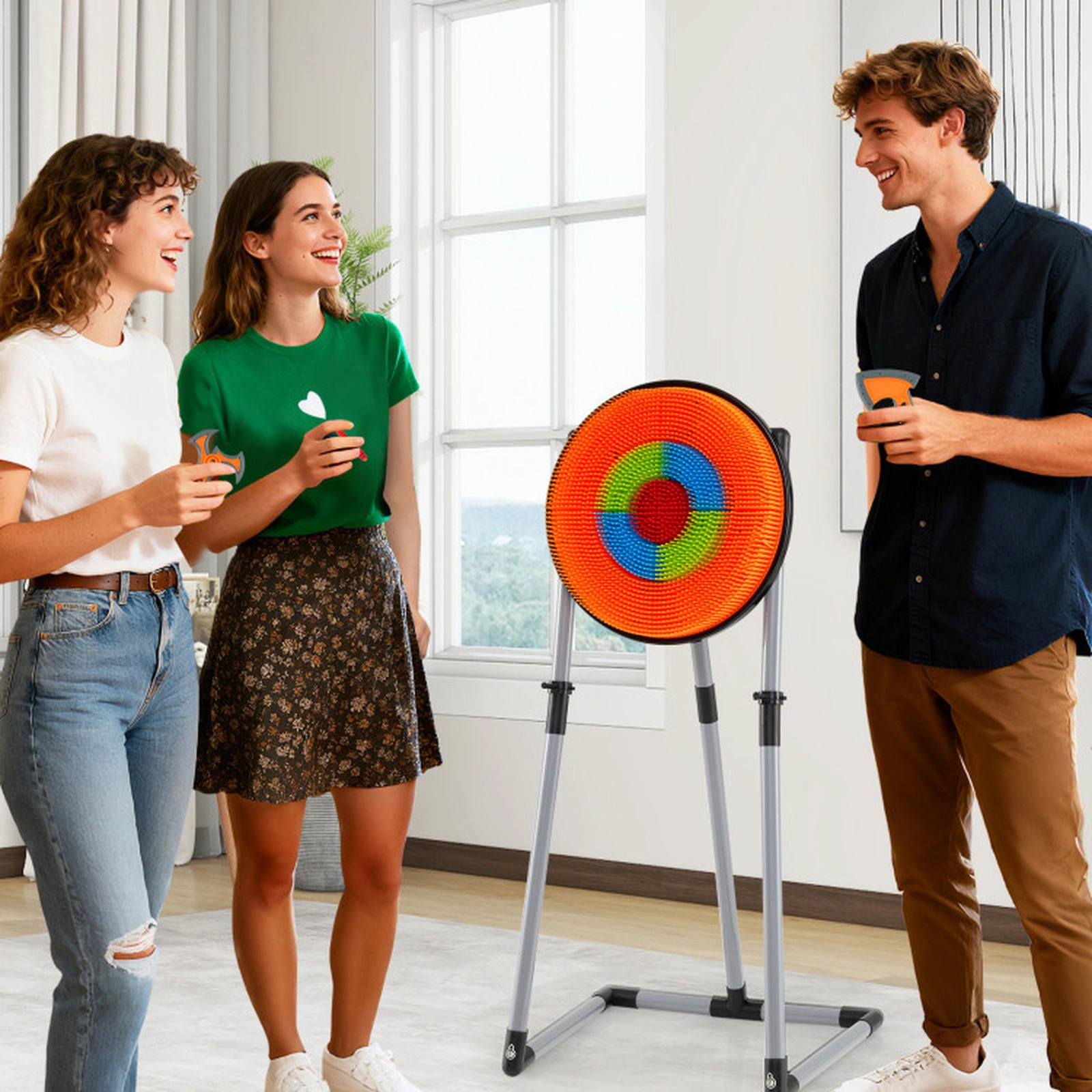 SUGIFT 4-in-1 Throwing Target and Archery Game Set with Bristle Target 22-in Wide Frame Ages 8+ Orange Black Gray