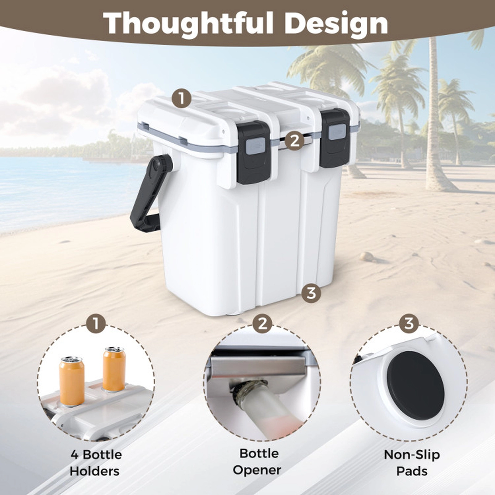 SUGIFT White 21-qt Ultra-Light Injection Molded Hard Cooler Ice Chest with 5-Day Ice Retention and Bottle Opener