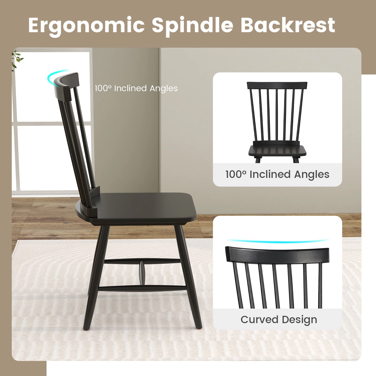 SlickBlue Armless Windsor Dining Chairs Set of 2 Black