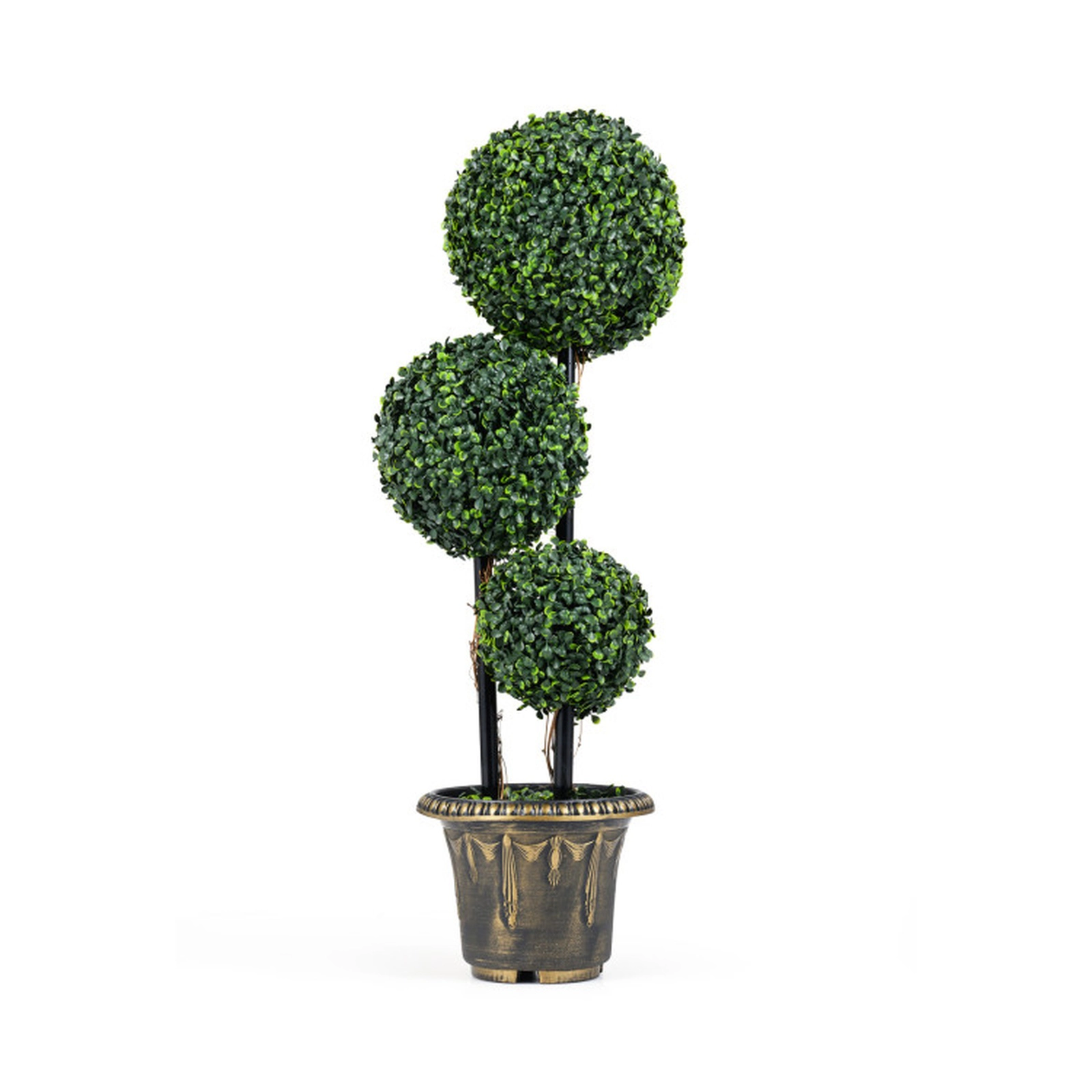 SUGIFT Layered Triple-Ball Boxwood Artificial Topiary Tree 35-in Tall Green Black Golden