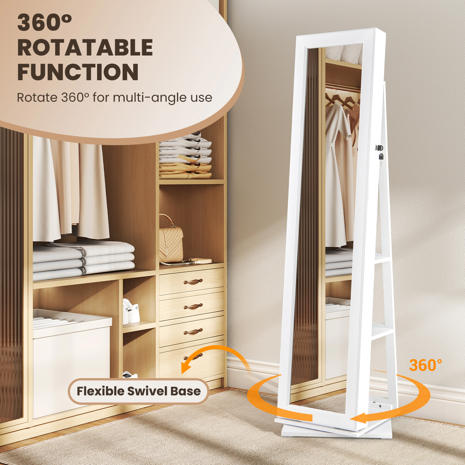 SUGIFT 62.5 in Swivel Jewelry Armoire White with Full Length Mirror and 3 Back Storage Shelves