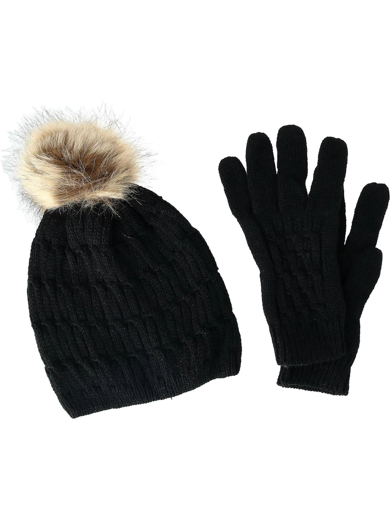 CTM® Women's Knit Beanie Hat with Pom and Matching Gloves Set