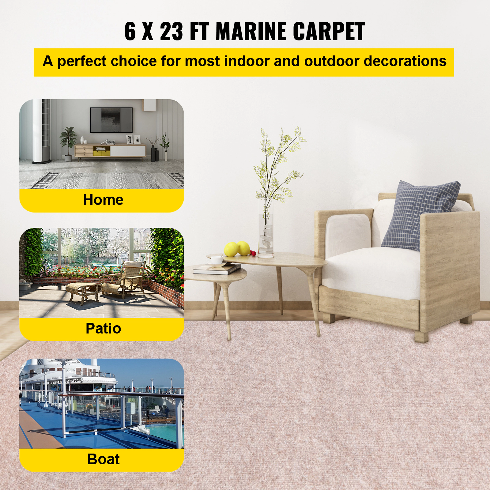 HONGGE Light Brown Marine Carpet 6 ft Boat Carpet Rugs Indoor Outdoor Rugs for Patio Deck Anti-Slide TPR Water-Proof