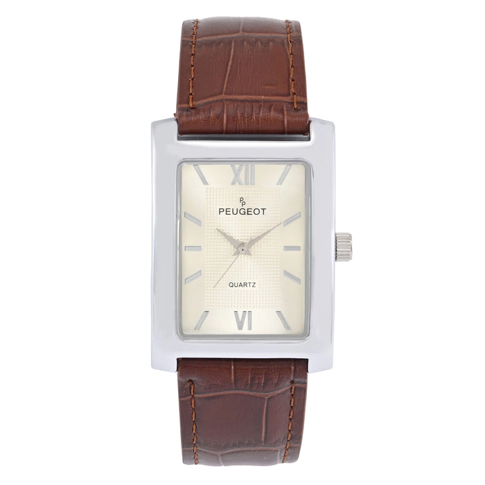 Peugeot Men's 30X40mm Silver Tank Shape Watch with Textured Dial Brown Leather Strap