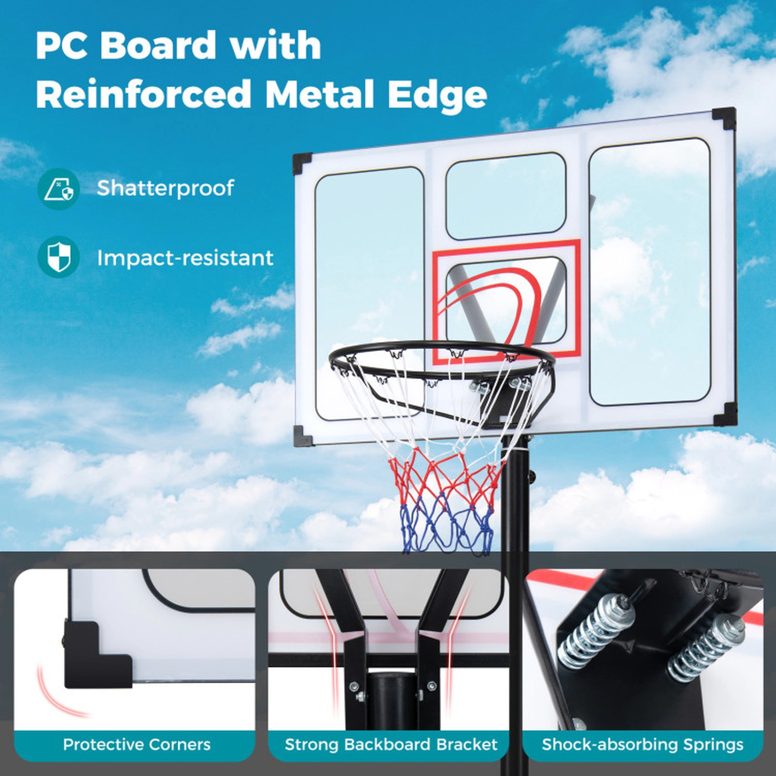 SUGIFT 4.1-ft to 10-ft 18-Level Adjustable Portable Basketball Hoop with 43-in Shatterproof Backboard