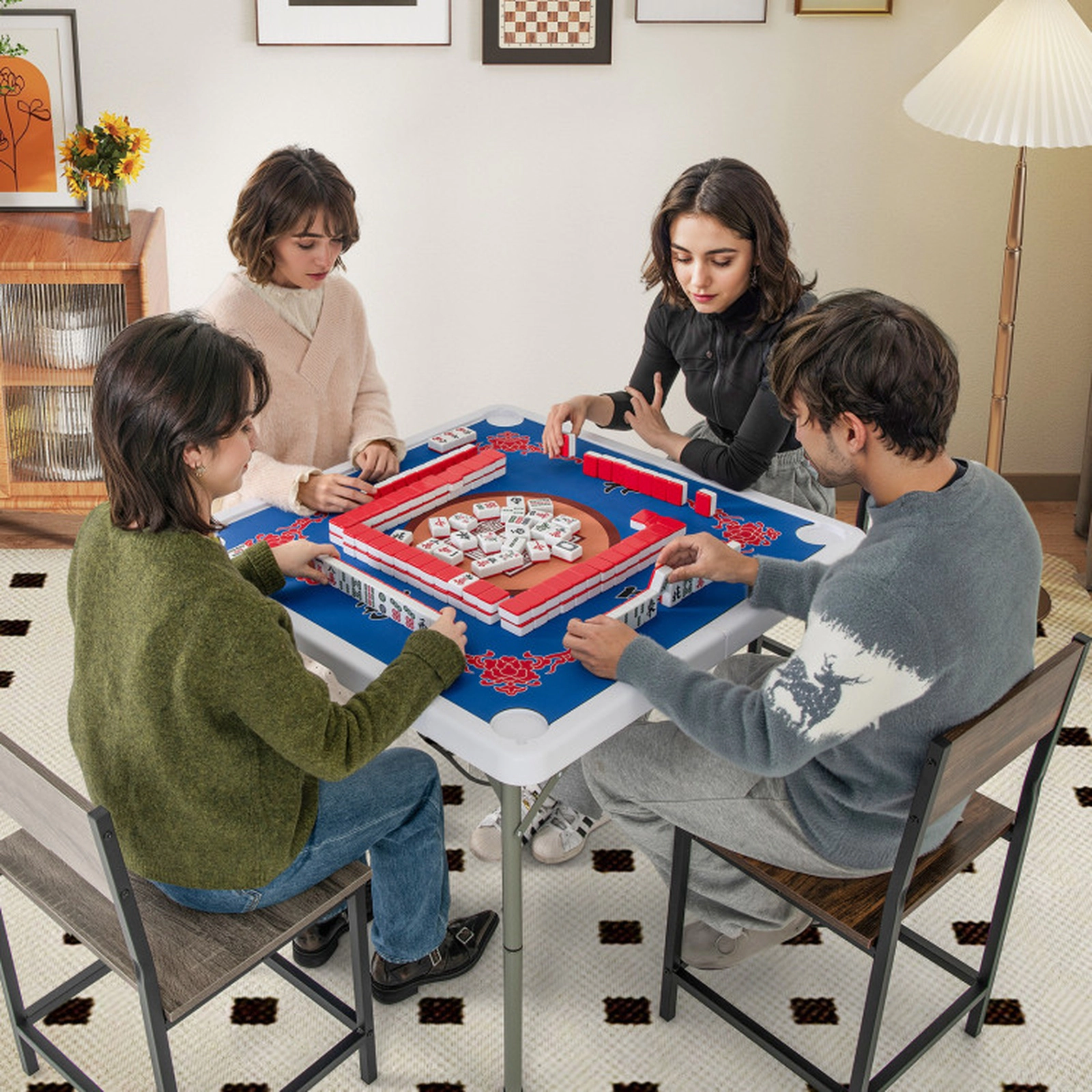 SUGIFT 35-in 180-lb 4-Player Folding Mahjong Card Table with Felt Mat Cup Holders and Carrying Bag