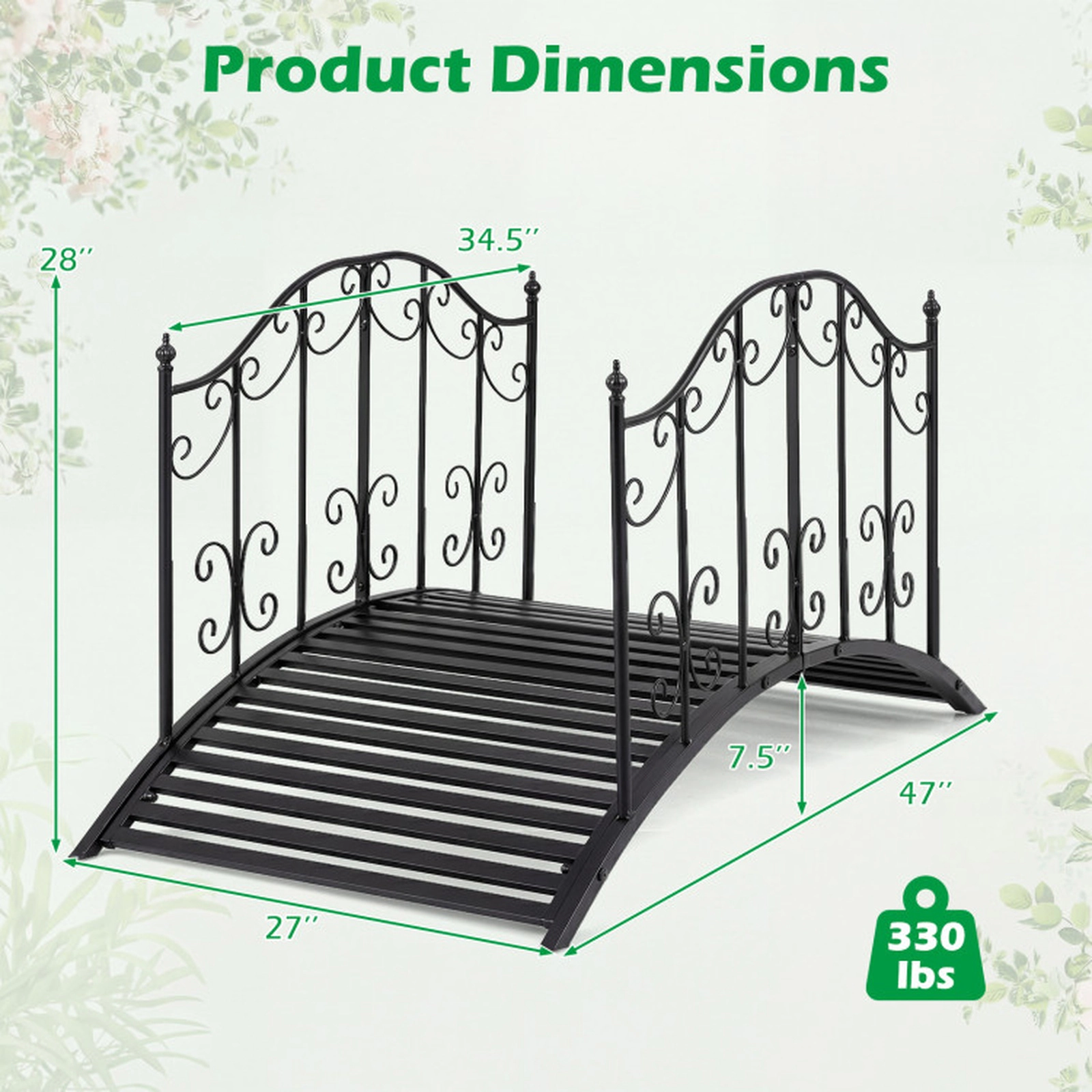 SUGIFT 3.9-ft 330-lb Capacity Black Arched Metal Garden Bridge with Dual Patterned Scrollwork Side Rails