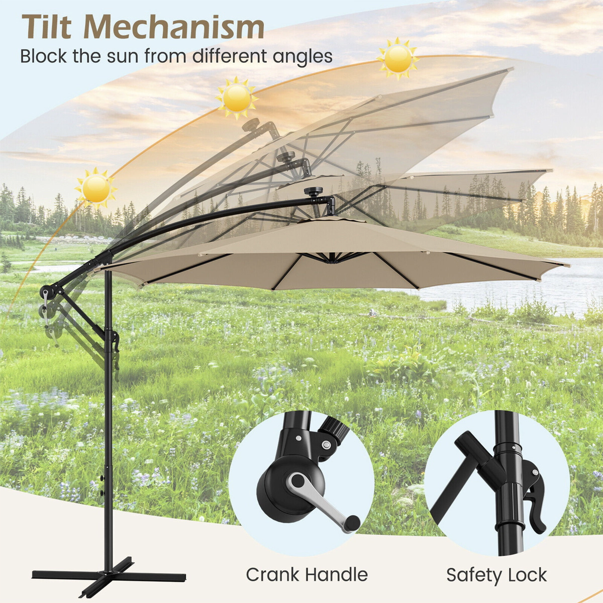 SUGIFT 10-ft Solar-Powered LED Offset Patio Umbrella with 112 Lights 10 x 8-ft Canopy and Crank Tilt Beige