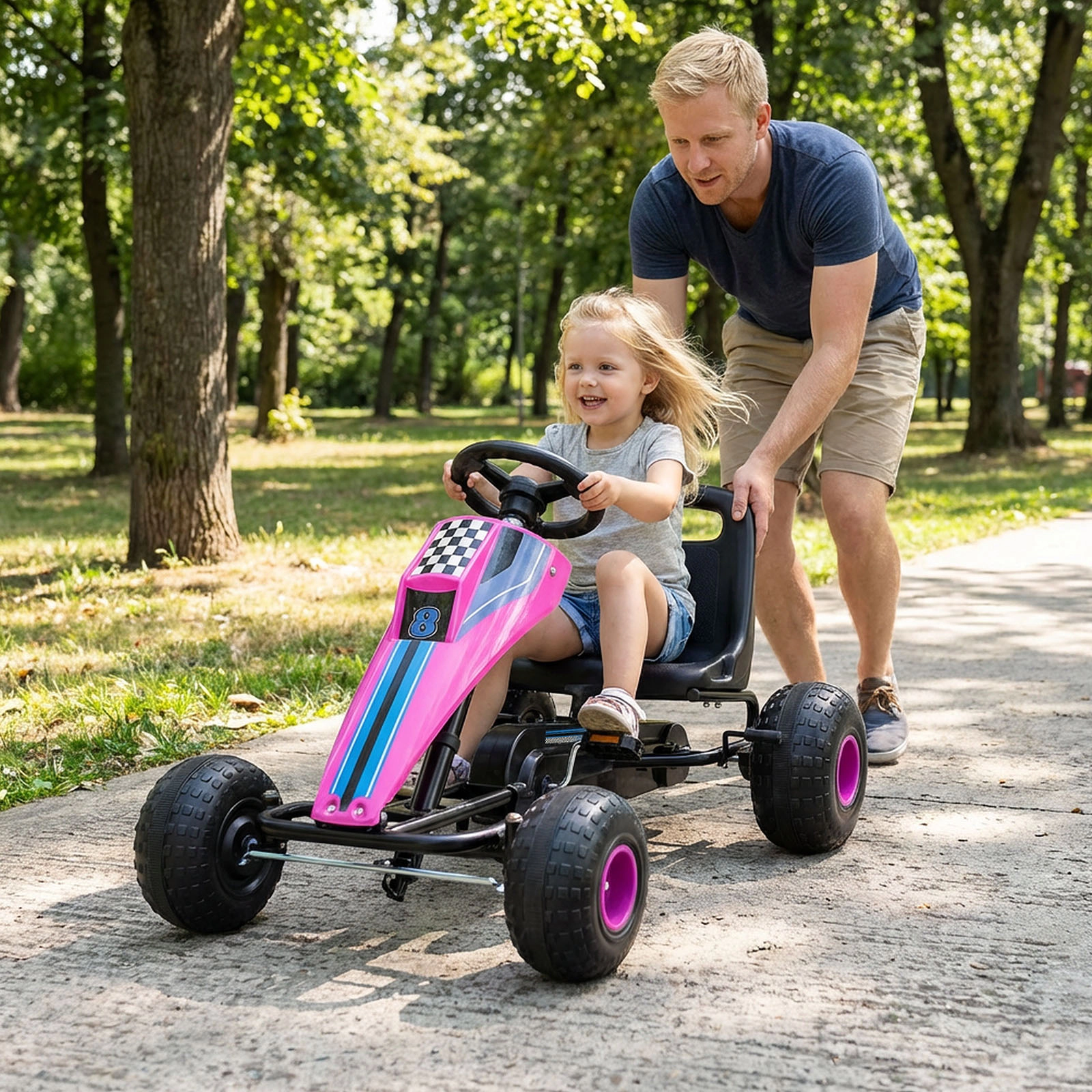 SUGIFT 4-Wheel Ride On Toy Pedal Go Kart with Steering Wheel and Safe Handbrake 77-lb Capacity Ages 3+ Pink/White