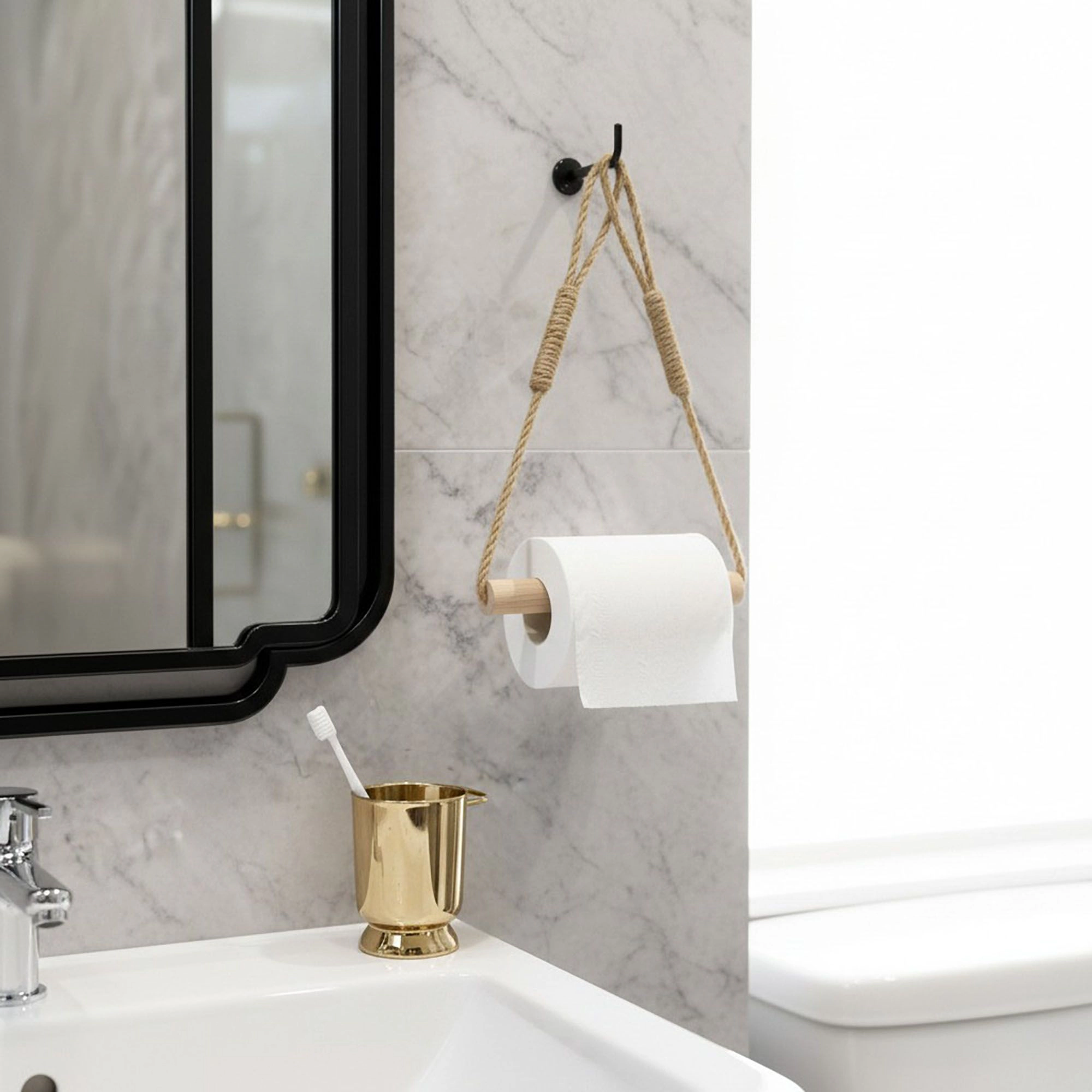 Alilang Unisex 3-piece Wall Mounted Rope Toilet Paper Holder with Wooden Rod