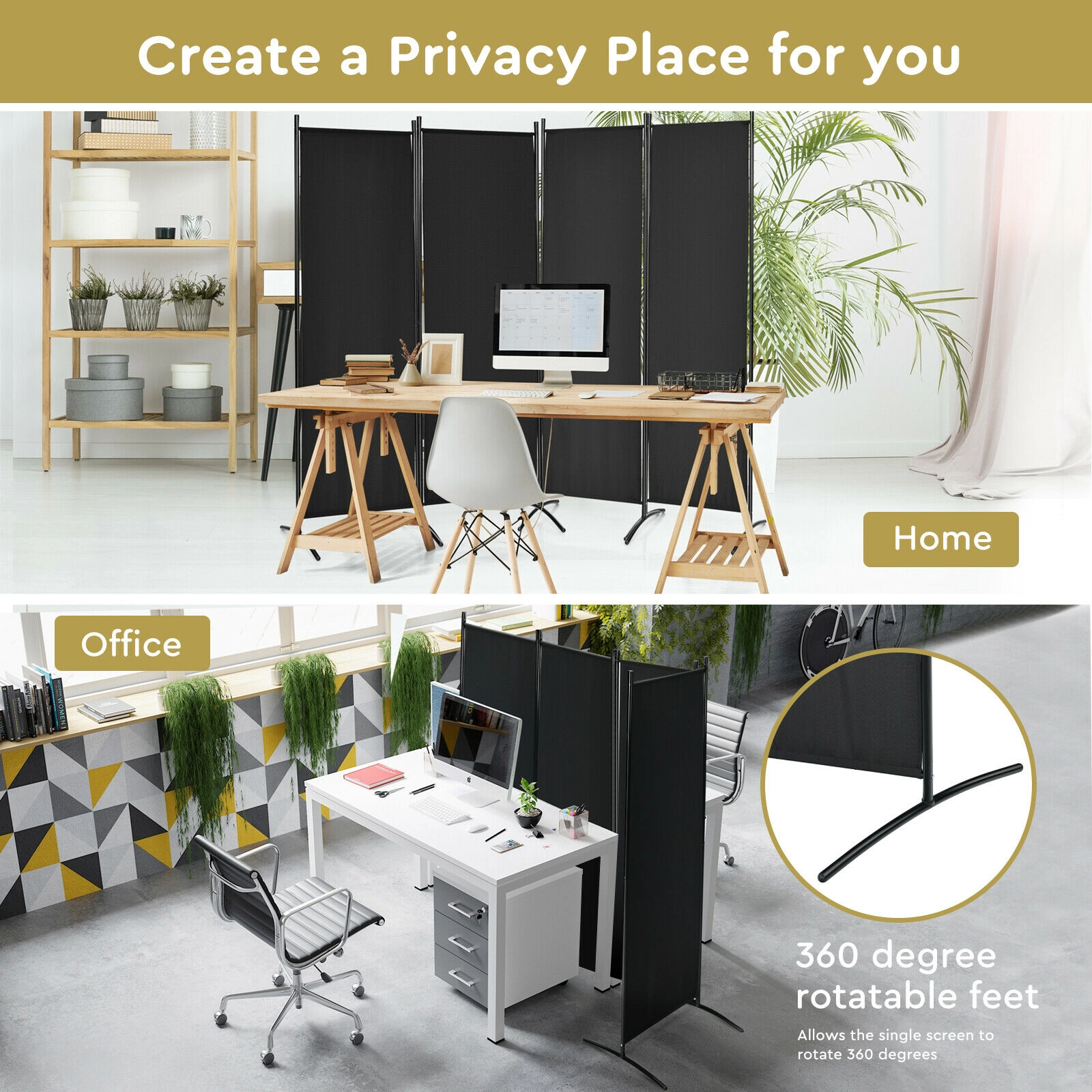 SUGIFT 4-Panel 88-in Wide 68-in Tall Folding Room Divider Wall Privacy Screen with Steel Frame and Square Feet