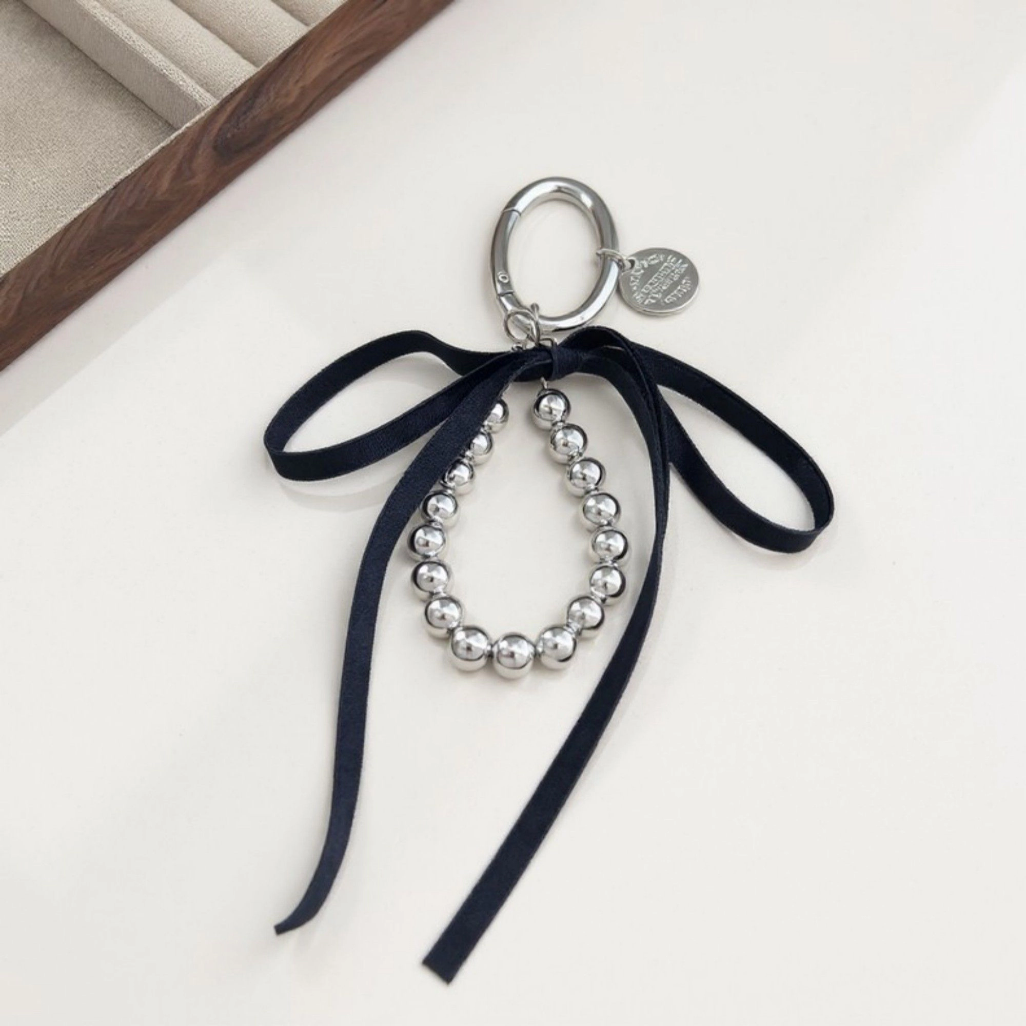 Alilang Women's Silver Bead Charm Keychain with Velvet Ribbon Bow