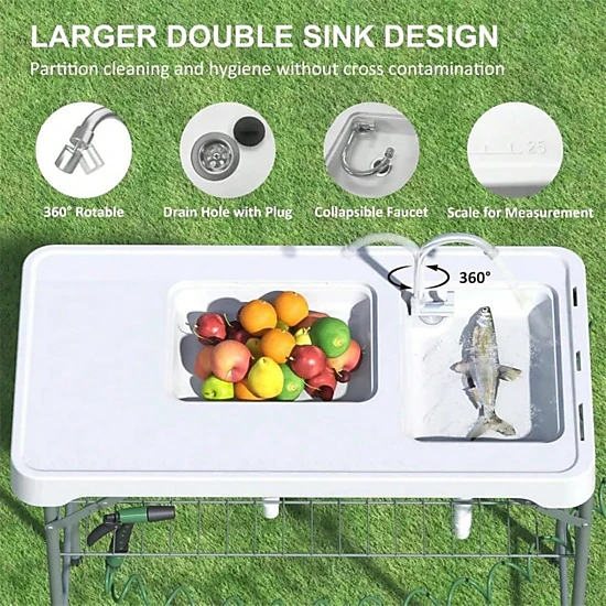 BebreezChic Folding Fish Cleaning Table, Double Sinks, Faucet, Drainage ...