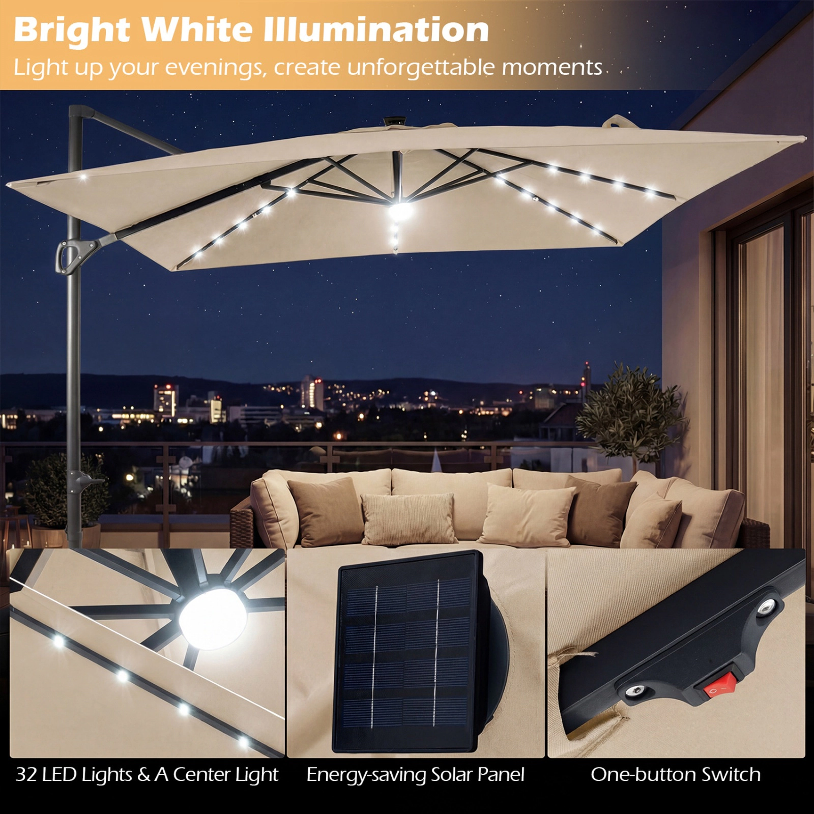 SUGIFT Solar LED Cantilever Patio Umbrella with Crank Lift 10-ft Canopy with 360-Degree Rotation and Tilt Beige