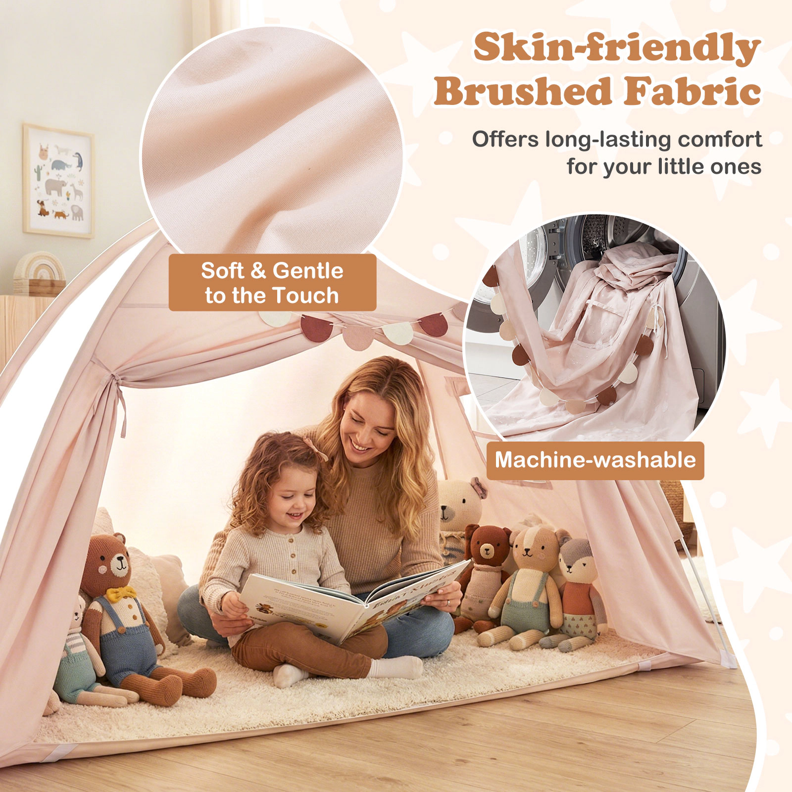 SUGIFT Indoor Canopy Tent for Kids Fits Twin Size Mattress Ages 3+ Beige Brushed Fabric