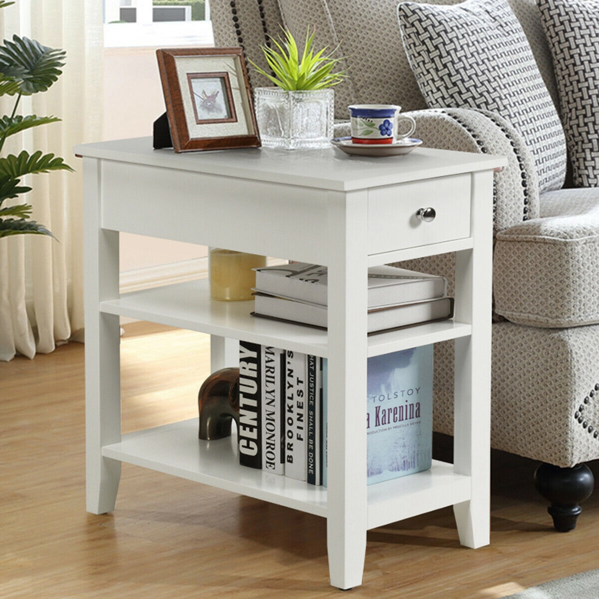 Slickblue White Side Table with Drawer and Open Shelves for Bedroom Living Room