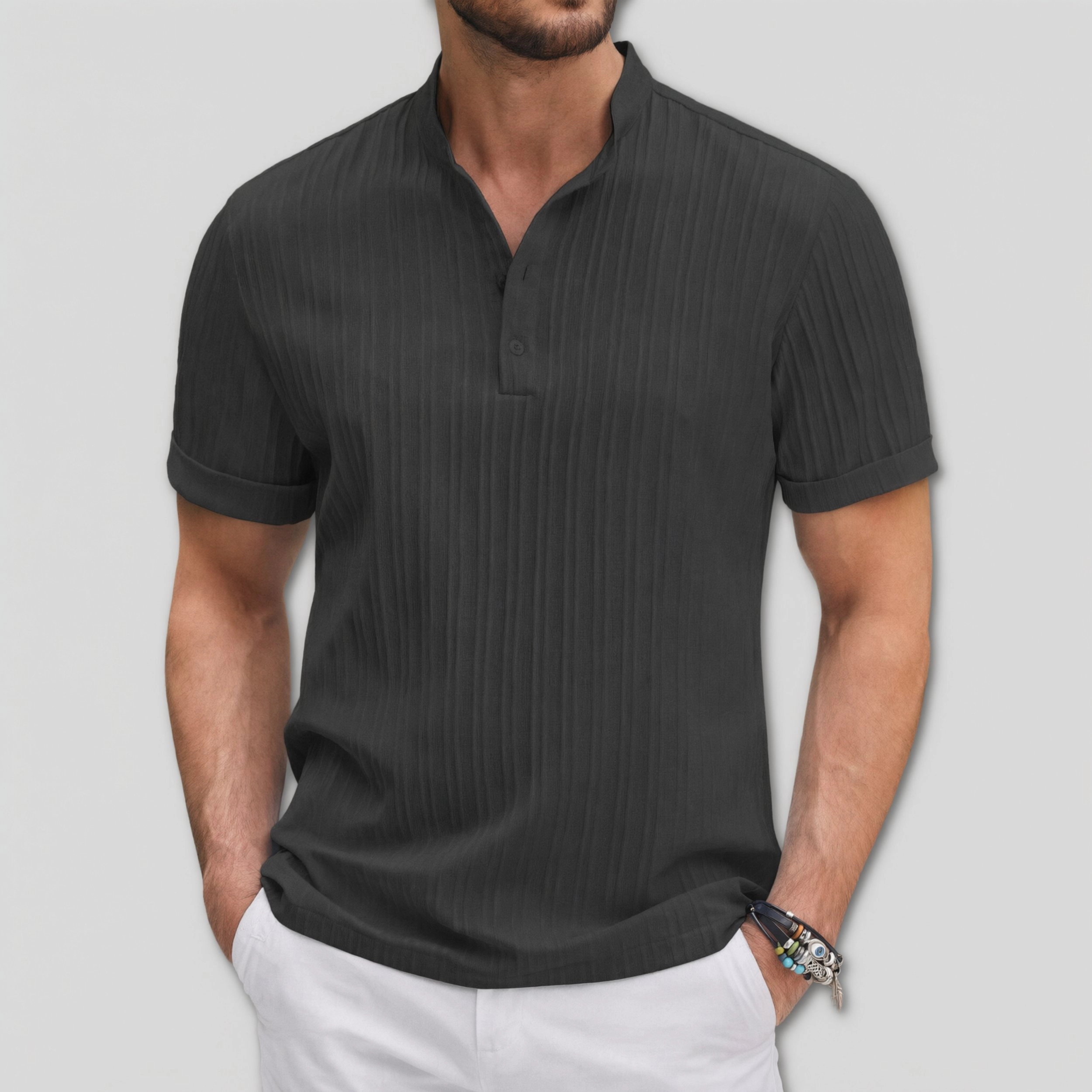 COOFANDY Mens  Solid Short Sleeve Henley Shirts V Neck Pleated Casual Tops