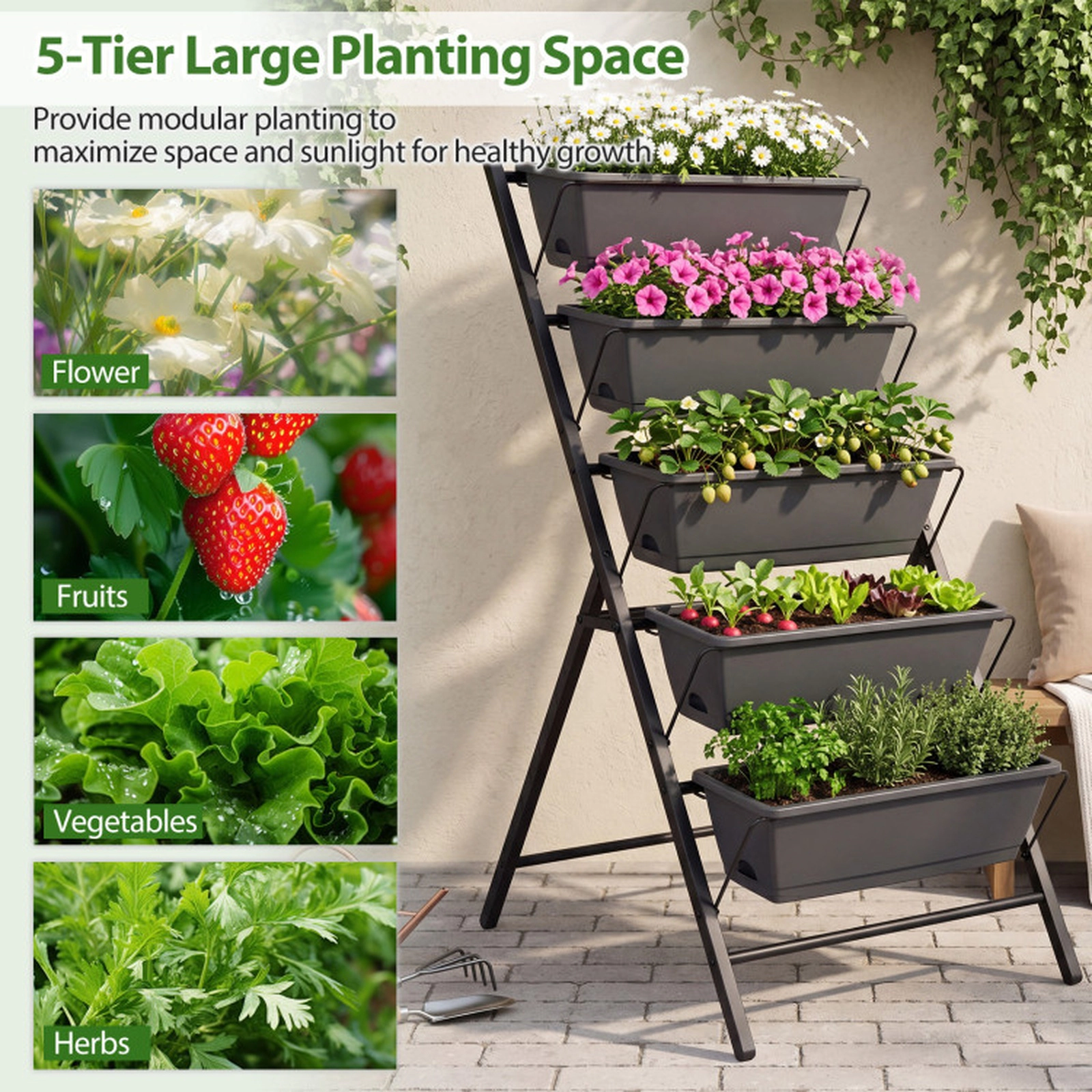 SUGIFT 5-Tier Black Vertical Raised Garden Bed with 5 Removable Planter Boxes 22.5-in W 28-in D 46-in H