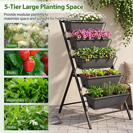 SUGIFT 5-Tier Black Vertical Raised Garden Bed with 5 Removable Planter Boxes 22.5-in W 28-in D 46-in H
