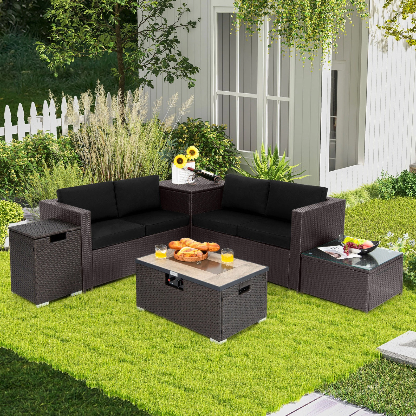 SUGIFT 6-Piece 40,000 BTU Propane Fire Pit Patio Set with 2 Loveseats, Tank Cover and Storage Box