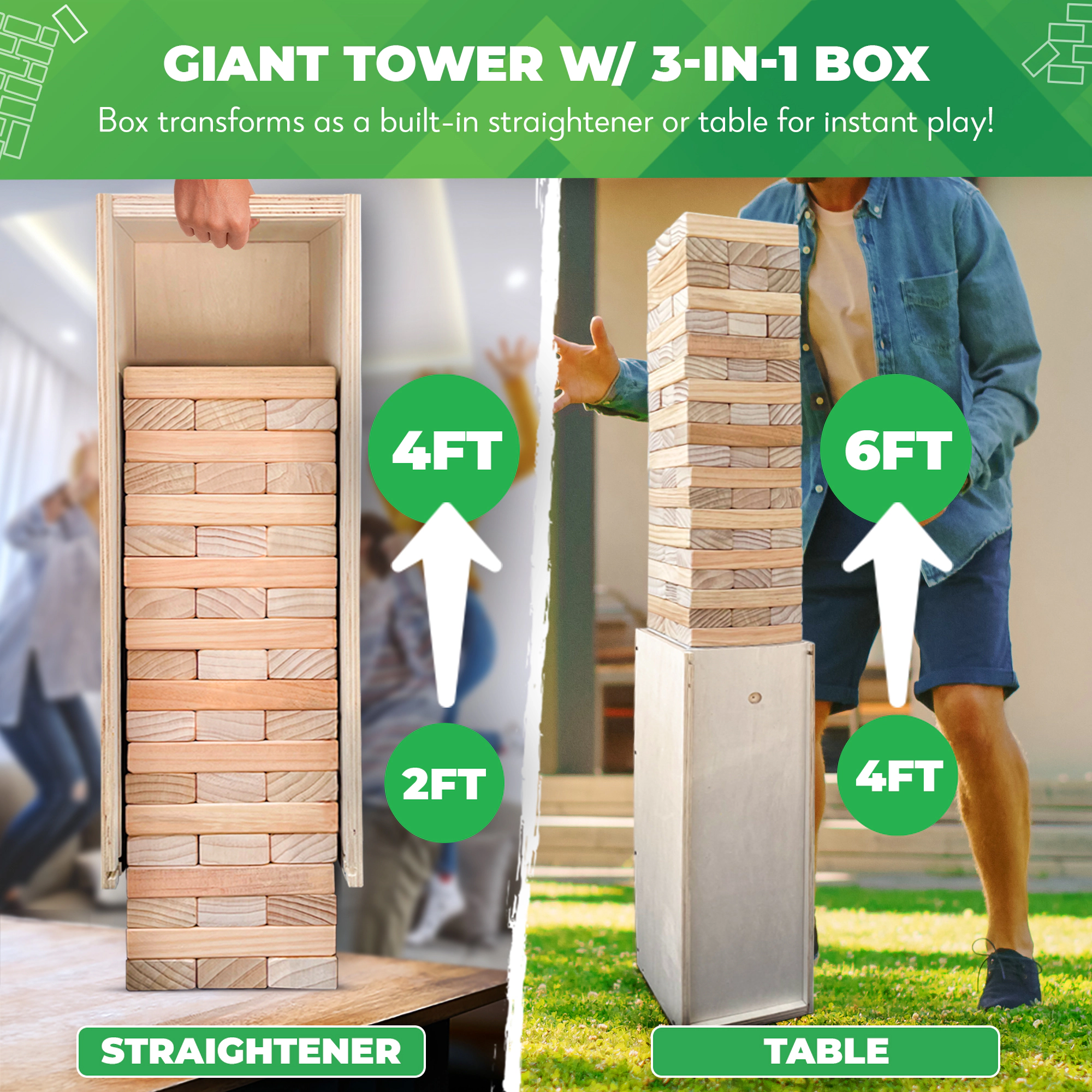 Swooc Games | Premium Giant Tower Game with Straightener, Table, and Box