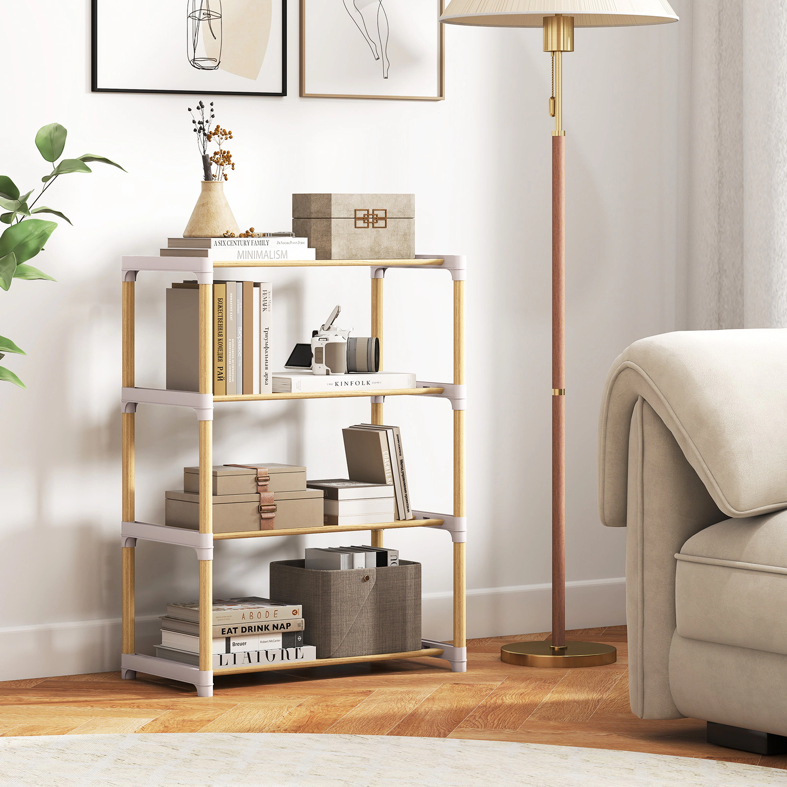 SUGIFT 4-Tier Pine Wood Shoe Rack Slatted Open Shelves 33-lb Capacity Per Shelf 20-in Wide Stackable Natural + Gray