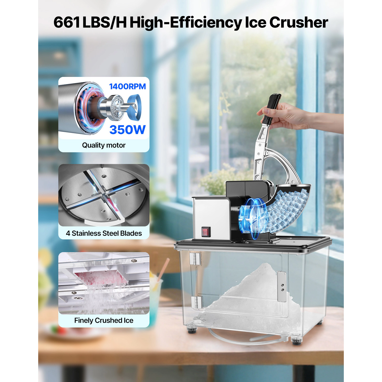 HONGGE Commercial Ice Crusher 661LBS /H 350W Electric Snow Cone Machine with 4 Blades 2000RPM Stainless Steel Shaved